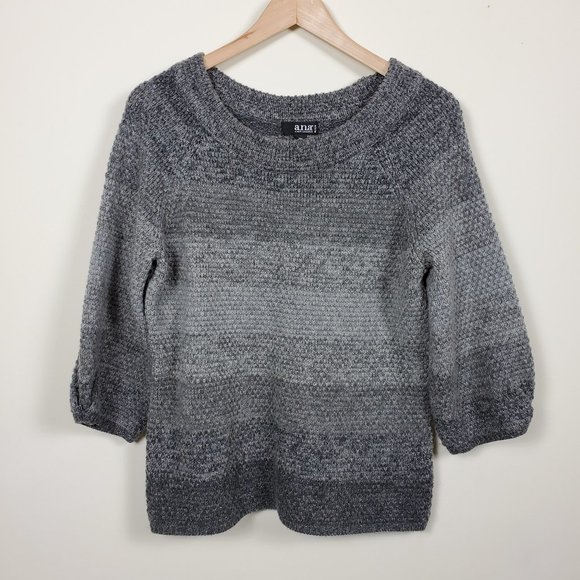 A.N.A. Striped 34 Sleeve Sweater Gray Size PM A.N.A. Striped 34 Sleeve Sweater Gray Size PM